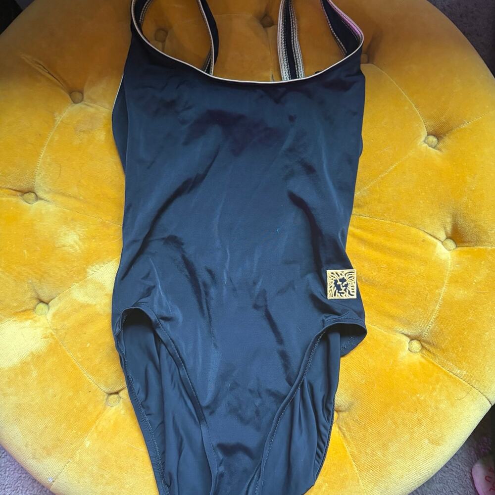 Vintage Anne Klein Black Gold Trim One Piece Swimsuit Size 10